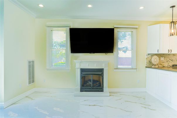 Empty room, Fireplace, Interior, Marble, Pendant Lights, Recessed Lighting