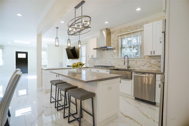 Interior, Kitchen, Marble, Marble Walls, Pendant Lights, Recessed Lighting, Stainless Steel Appliances