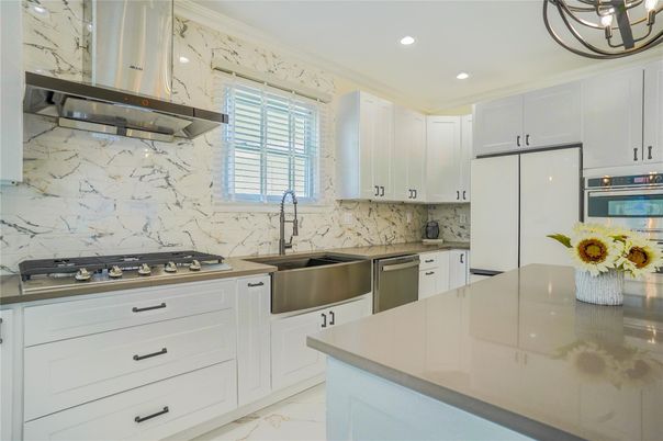 Interior, Kitchen, Marble, Marble Walls, Recessed Lighting, Stainless Steel Appliances