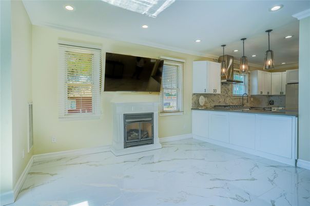 Empty room, Fireplace, Interior, Kitchen, Marble, Pendant Lights, Recessed Lighting