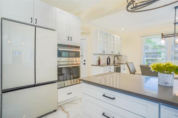 Interior, Kitchen, Marble, Pendant Lights, Recessed Lighting, Stainless Steel Appliances