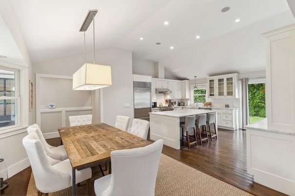 Dining room, Interior, Kitchen, Pendant Lights, Recessed Lighting, Stainless Steel Appliances, Wood Texture Flooring