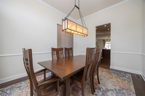 Dining room, Interior, Pendant Lights, Recessed Lighting, Wood Texture Flooring