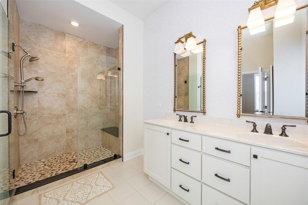 Bathroom, Dual Sink Vanities, Glass Shower, Interior, Recessed Lighting