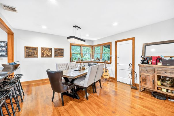 Dining room, Interior, Pendant Lights, Recessed Lighting, Wood Texture Flooring