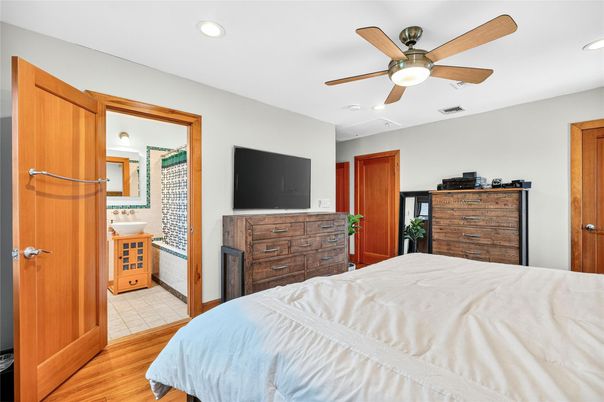 Bedroom, Interior, Recessed Lighting, Wood Texture Flooring