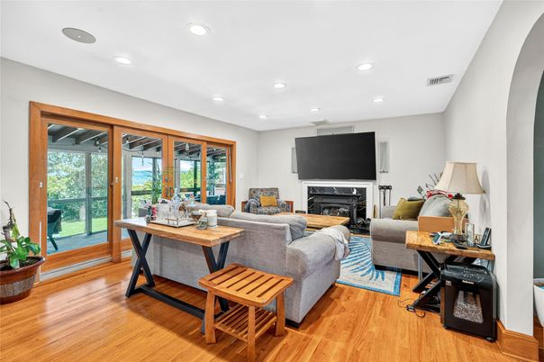 Fireplace, Interior, Living room, Recessed Lighting, Wood Texture Flooring