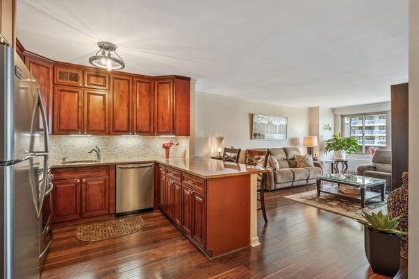 Interior, Kitchen, Living room, Stainless Steel Appliances, Wood Texture Flooring