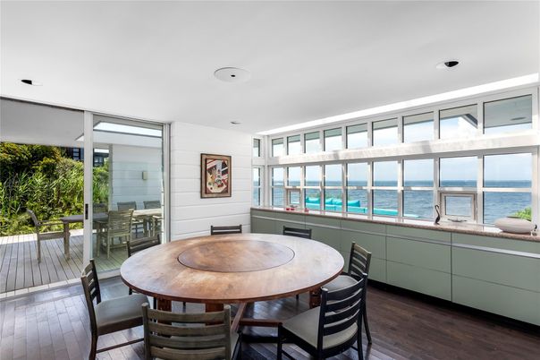 Dining room, Interior, Recessed Lighting, Water, Wood Texture Flooring