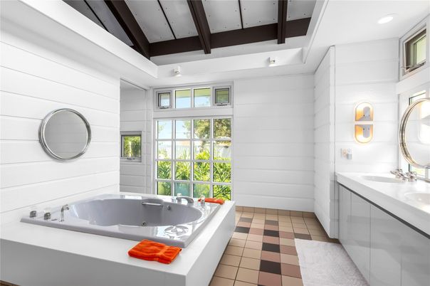 Bathroom, Dual Sink Vanities, Interior, Recessed Lighting, Wooden Beams