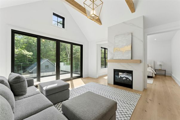 Fireplace, Interior, Living room, Pendant Lights, Wood Texture Flooring