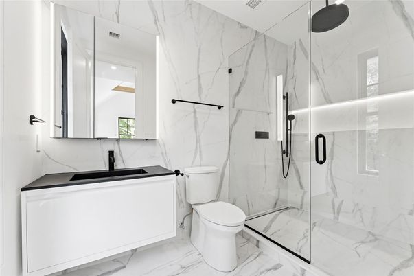 Bathroom, Glass Shower, Interior, Marble, Marble Walls, Recessed Lighting