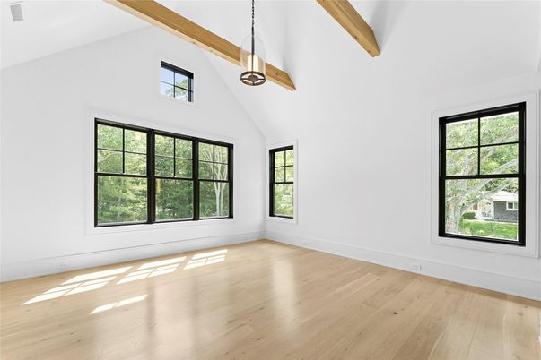 Empty room, Interior, Pendant Lights, Wooden Beams, Wood Texture Flooring