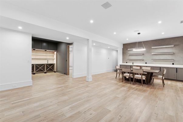 Dining room, Interior, Pendant Lights, Recessed Lighting, Wood Texture Flooring