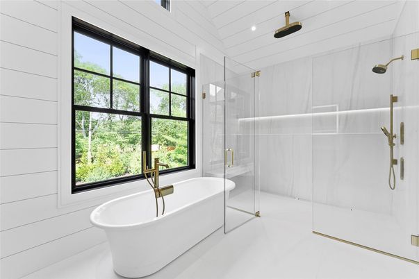 Bathroom, Free Standing Baths, Glass Shower, Interior, Marble Walls, Recessed Lighting