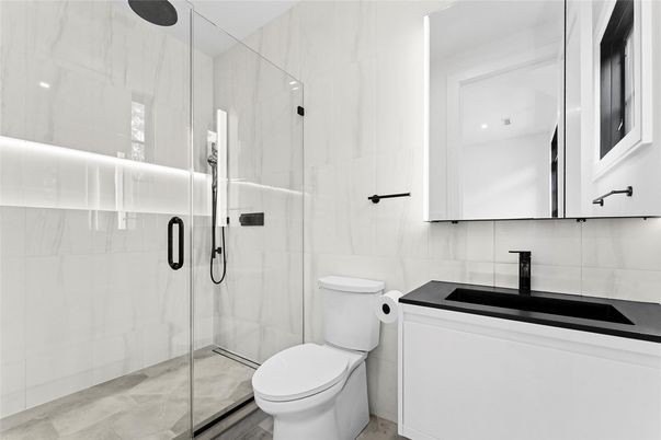 Bathroom, Glass Shower, Interior, Marble Walls, Recessed Lighting