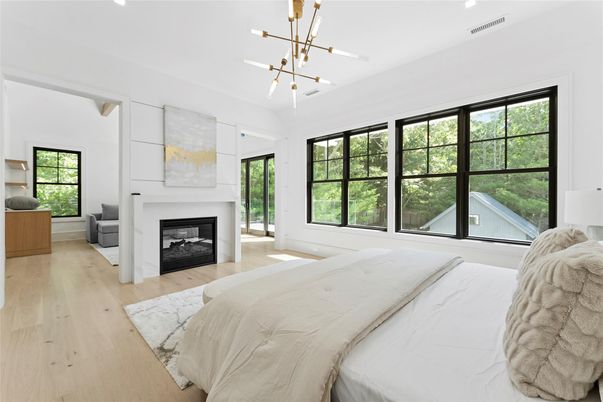 Bedroom, Fireplace, Interior, Pendant Lights, Wood Texture Flooring