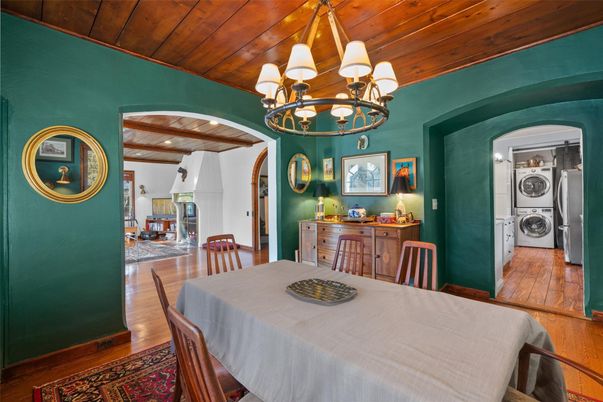 Chandelier, Dining room, Interior, Washer, Wooden Ceilings, Wood Texture Flooring