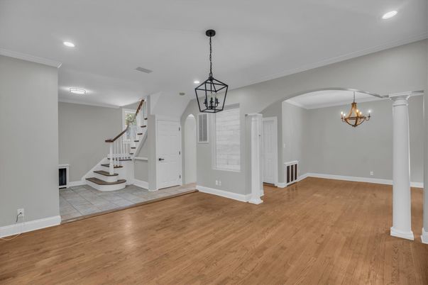 Chandelier, Empty room, Interior, Pendant Lights, Recessed Lighting, Wood Texture Flooring