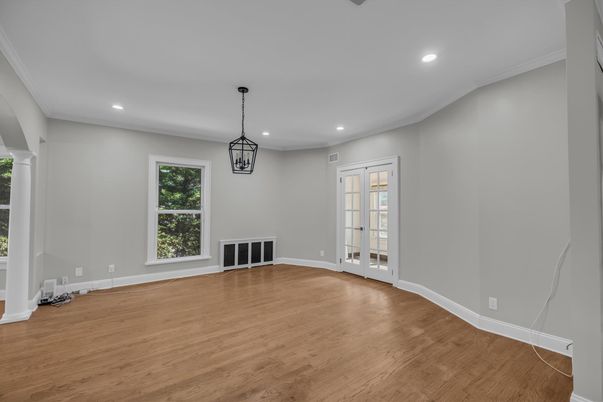 Empty room, Interior, Pendant Lights, Recessed Lighting, Wood Texture Flooring