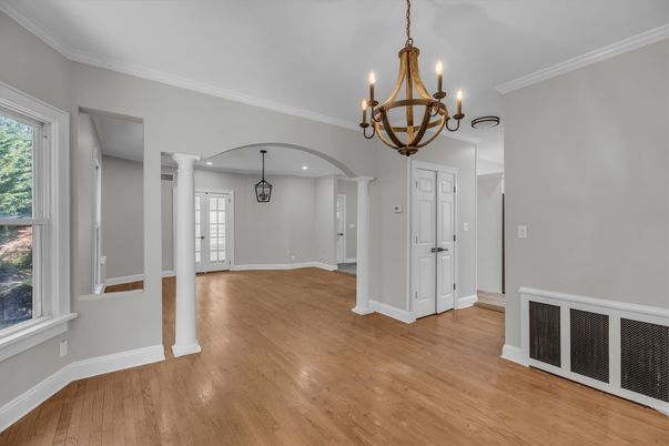 Chandelier, Empty room, Interior, Recessed Lighting, Wood Texture Flooring