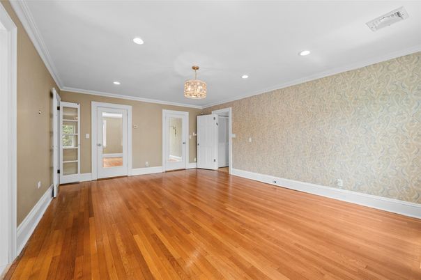 Chandelier, Empty room, Interior, Recessed Lighting, Wood Texture Flooring