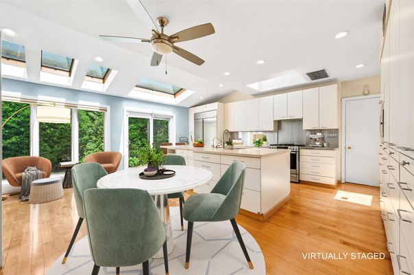 Dining room, Interior, Kitchen, Recessed Lighting, Stainless Steel Appliances, Wood Texture Flooring