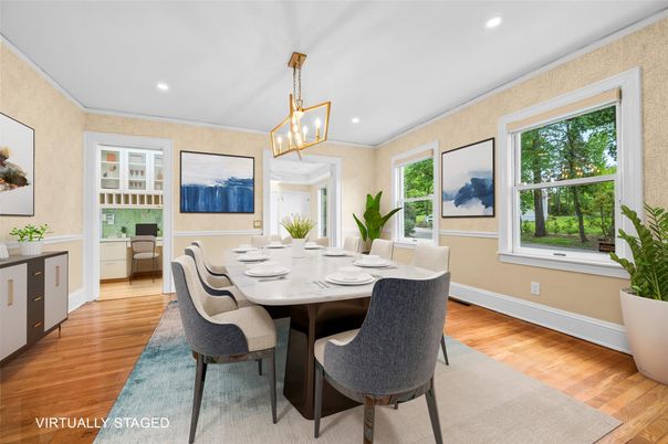 Dining room, Interior, Pendant Lights, Recessed Lighting, Wood Texture Flooring
