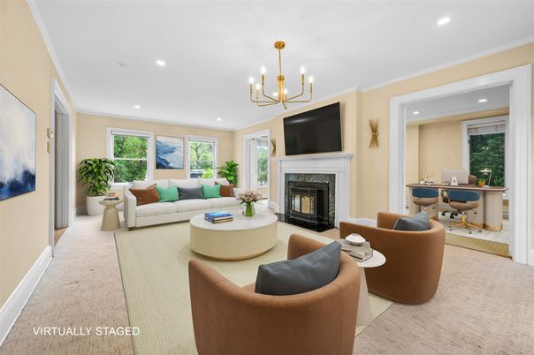 Chandelier, Fireplace, Home Office, Interior, Living room, Recessed Lighting