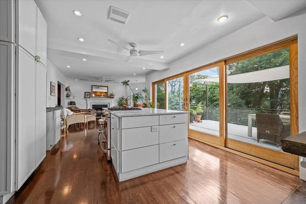 Dining room, Fireplace, Interior, Recessed Lighting, Wood Texture Flooring