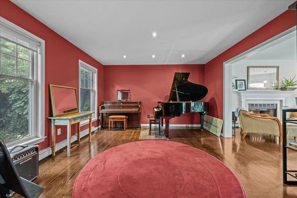 Fireplace, Interior, Piano, Recessed Lighting, Wood Texture Flooring
