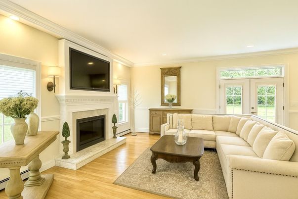 Fireplace, Interior, Living room, Recessed Lighting, Wood Texture Flooring