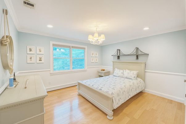 Bedroom, Chandelier, Interior, Recessed Lighting, Wood Texture Flooring