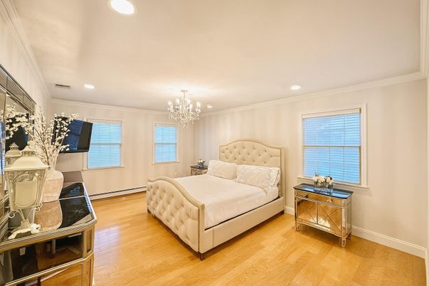 Bedroom, Chandelier, Interior, Recessed Lighting, Wood Texture Flooring