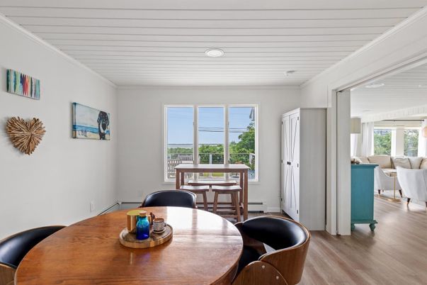 Dining room, Interior, Living room, Recessed Lighting, Wood Texture Flooring