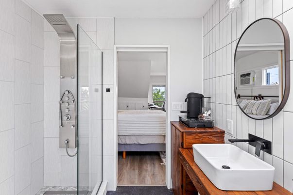 Bathroom, Bedroom, Glass Shower, Interior, Wood Texture Flooring