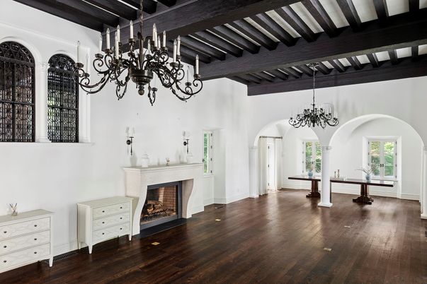 Chandelier, Empty room, Fireplace, Interior, Pendant Lights, Wooden Beams, Wood Texture Flooring