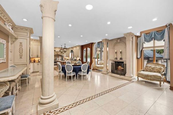 Chandelier, Dining room, Fireplace, Interior, Recessed Lighting