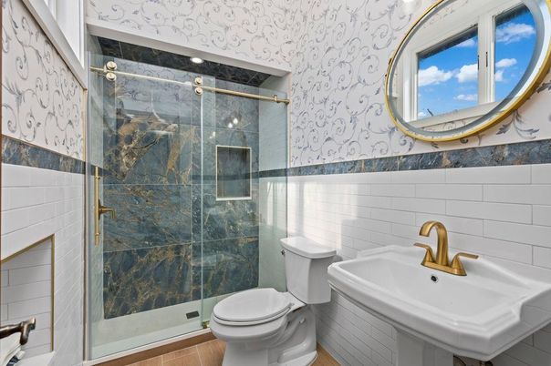 Bathroom, Glass Shower, Interior, Wood Texture Flooring
