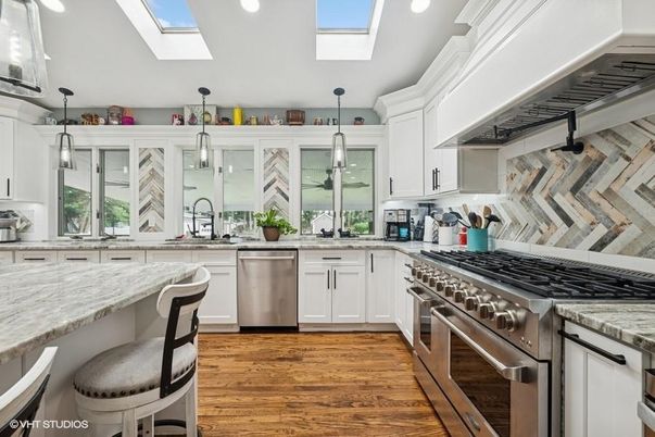 Glass Ceilings, Interior, Kitchen, Pendant Lights, Recessed Lighting, Stainless Steel Appliances, Wood Texture Flooring
