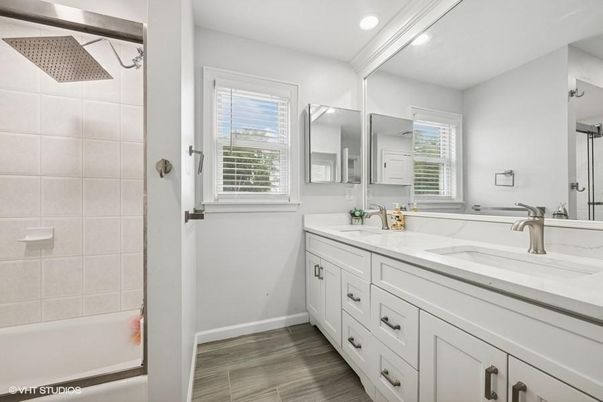 Bathroom, Dual Sink Vanities, Interior, Recessed Lighting, Wood Texture Flooring