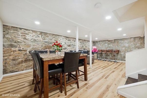 Dining room, Interior, Recessed Lighting, Stone Walls, Wood Texture Flooring