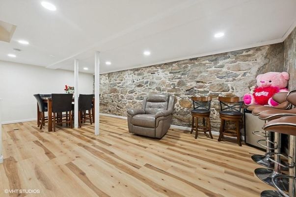 Interior, Recessed Lighting, Stone Walls, Wood Texture Flooring