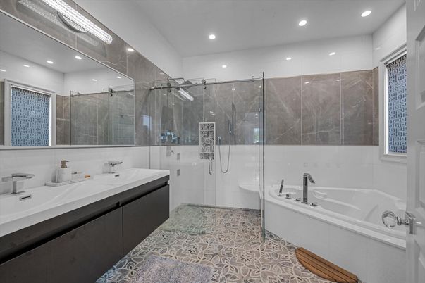 Bathroom, Dual Sink Vanities, Glass Shower, Interior, Recessed Lighting