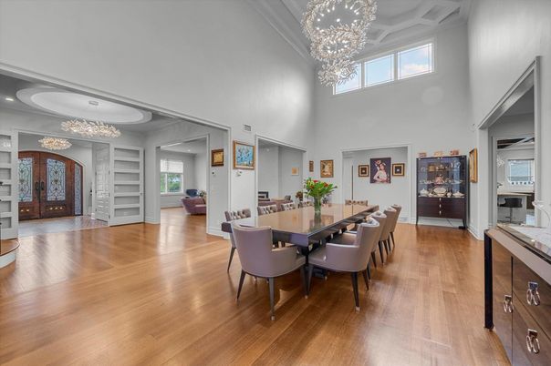 Chandelier, Dining room, Interior, Pendant Lights, Wood Texture Flooring