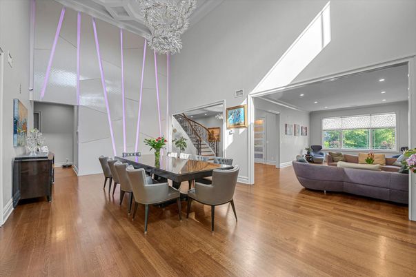 Chandelier, Dining room, Interior, Living room, Recessed Lighting, Wood Texture Flooring