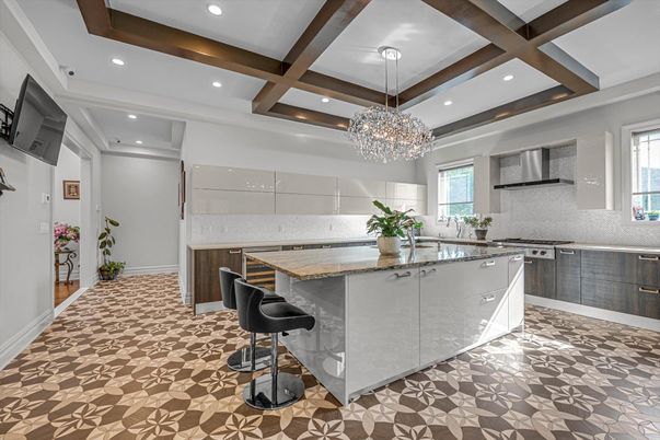 Chandelier, Interior, Kitchen, Recessed Lighting, Stainless Steel Appliances, Wooden Beams
