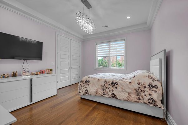 Bedroom, Chandelier, Interior, Pendant Lights, Recessed Lighting, Wood Texture Flooring