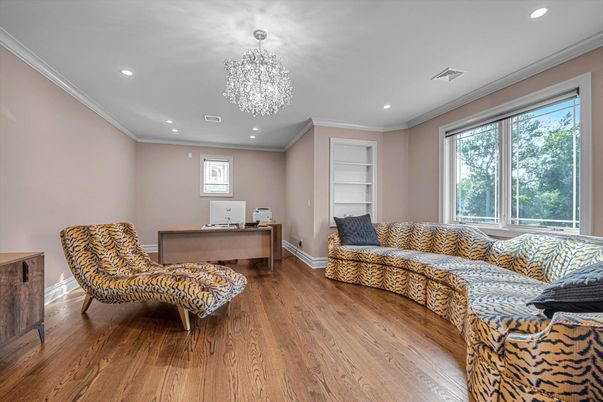 Chandelier, Home Office, Interior, Recessed Lighting, Wood Texture Flooring
