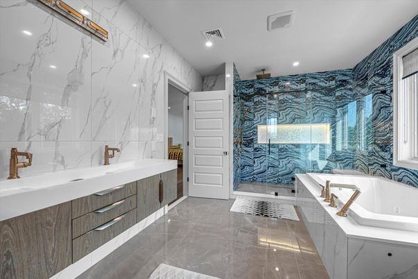 Bathroom, Glass Shower, Interior, Marble Walls, Recessed Lighting